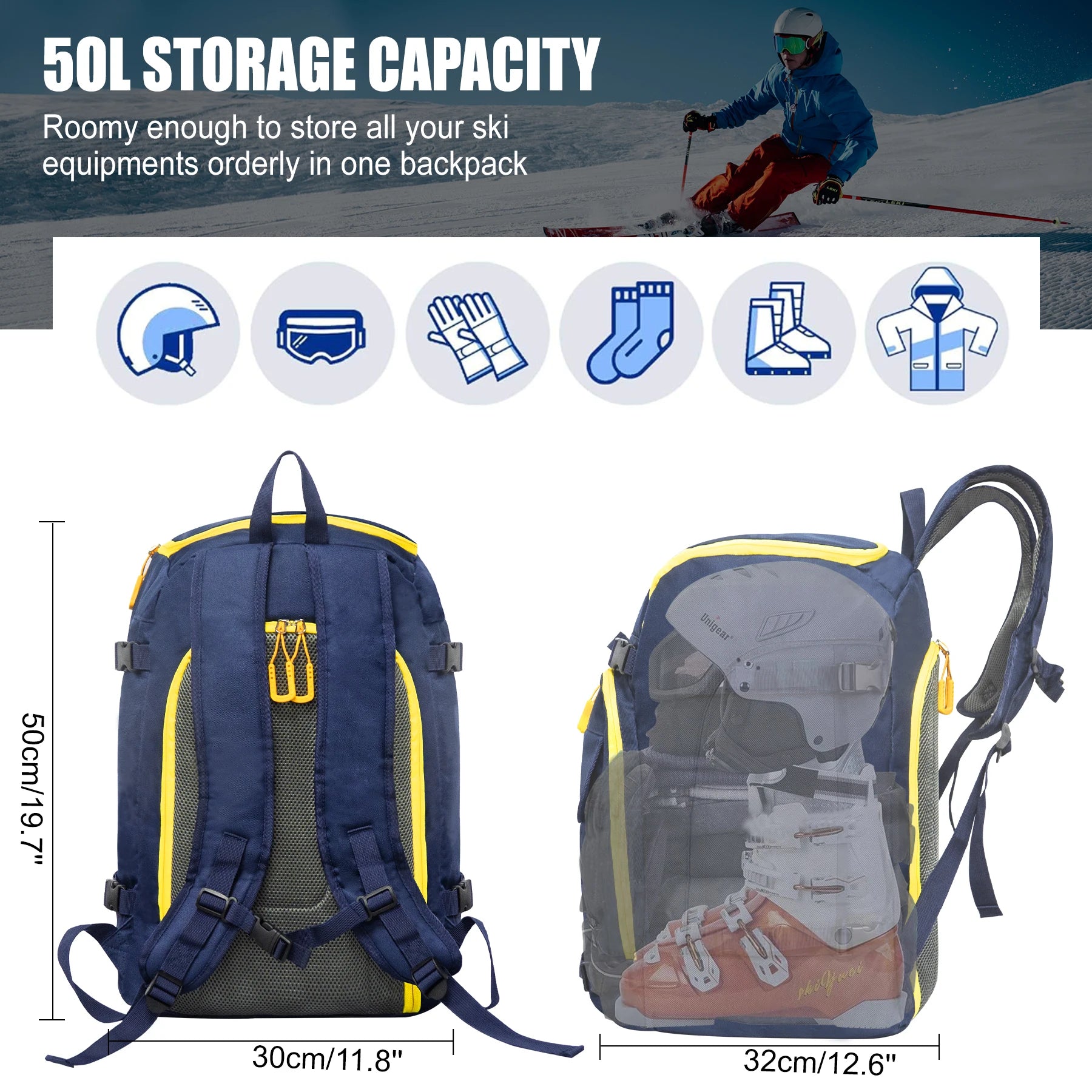 50L Ski Boot & Helmet Backpack – Waterproof Travel Snow Bag
